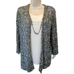 NWT Alfred Dunner Cardigan faux set Blue White slinky Sweater w/ necklace M